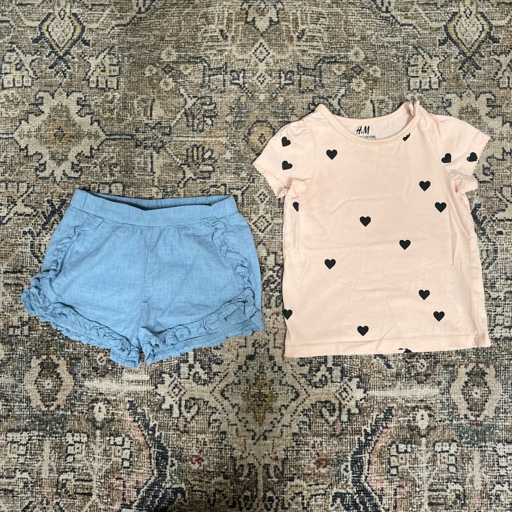 H&M Pink Heart Print Organic Cotton Tee with matching blue ruffle shorts